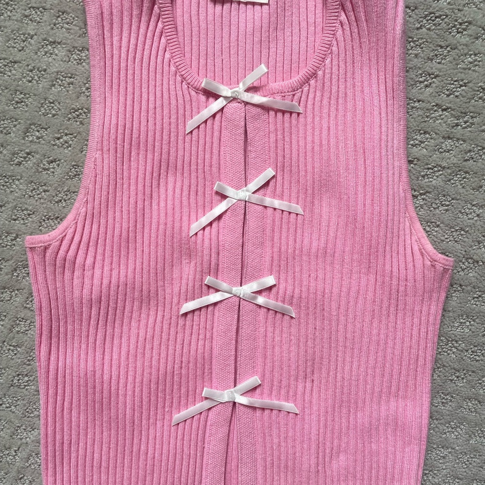 Pink Bow-Detail Ribbed Tank Top - Picture 2 of 4